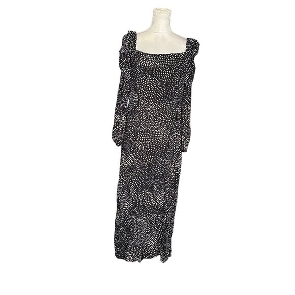 Black & White Polka Dot Long Sleeve Midi Peasant Dress Square Neck Ruched Size L - Picture 1 of 14